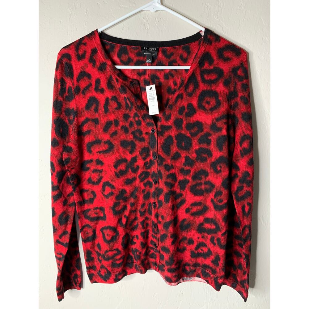 NEW Talbots Sweater Women's Size M Petite Merino Wool Red Leopard Print